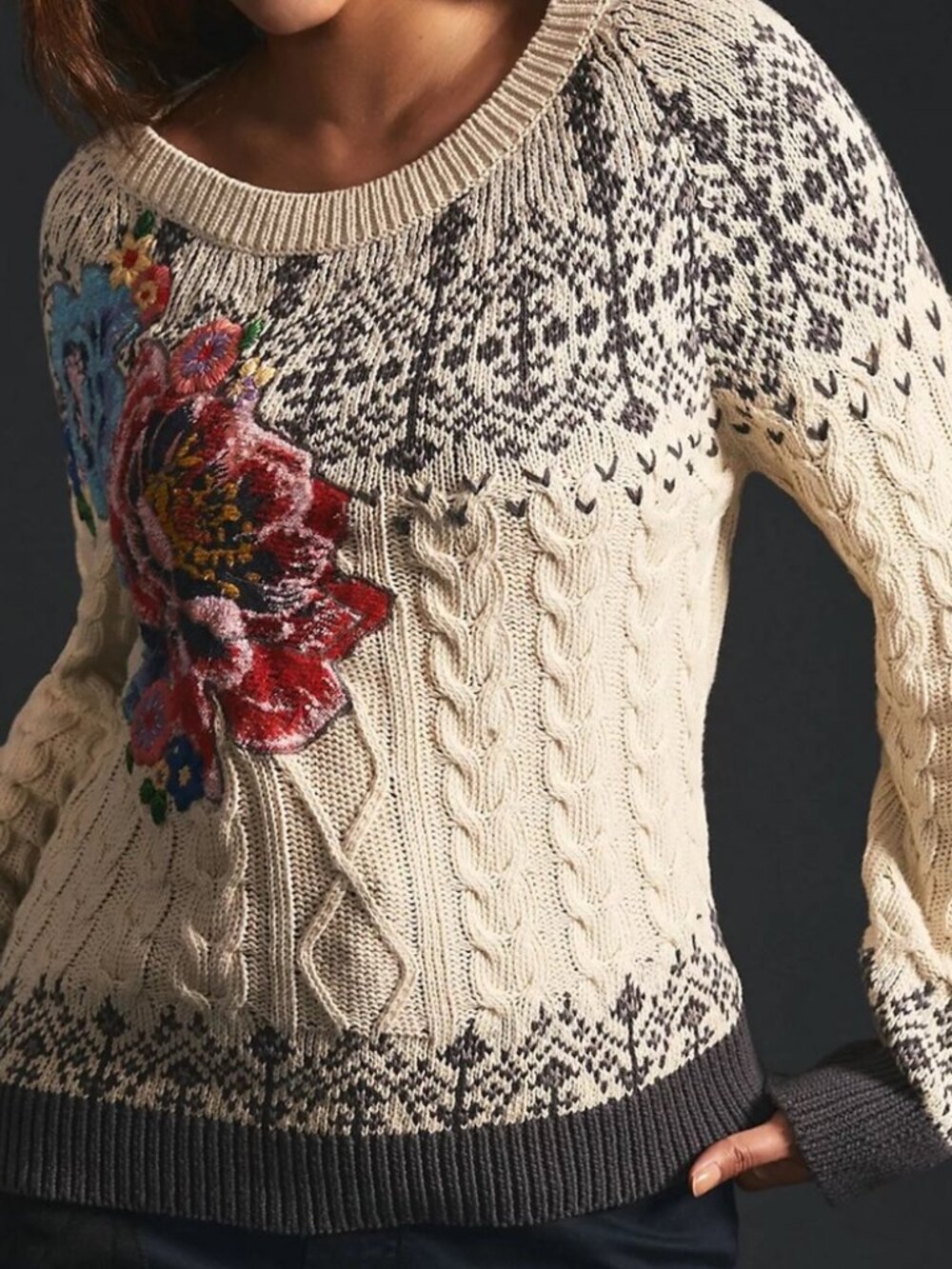 Anthropologie Cable Knit Fair Isle Sweater Embroidered Size M